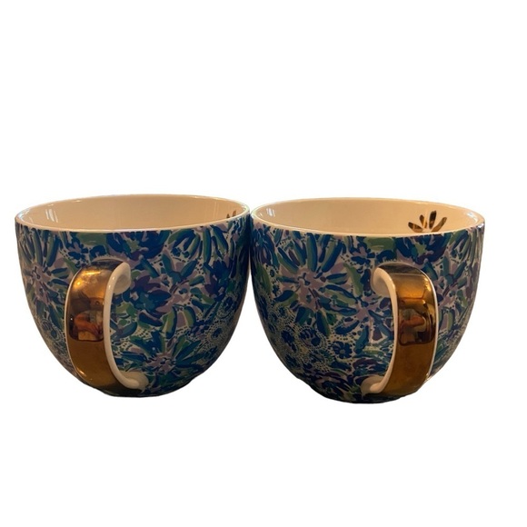 Lily Pulitzer blue , green and gold floral tea / coffee mug set - Picture 3 of 12